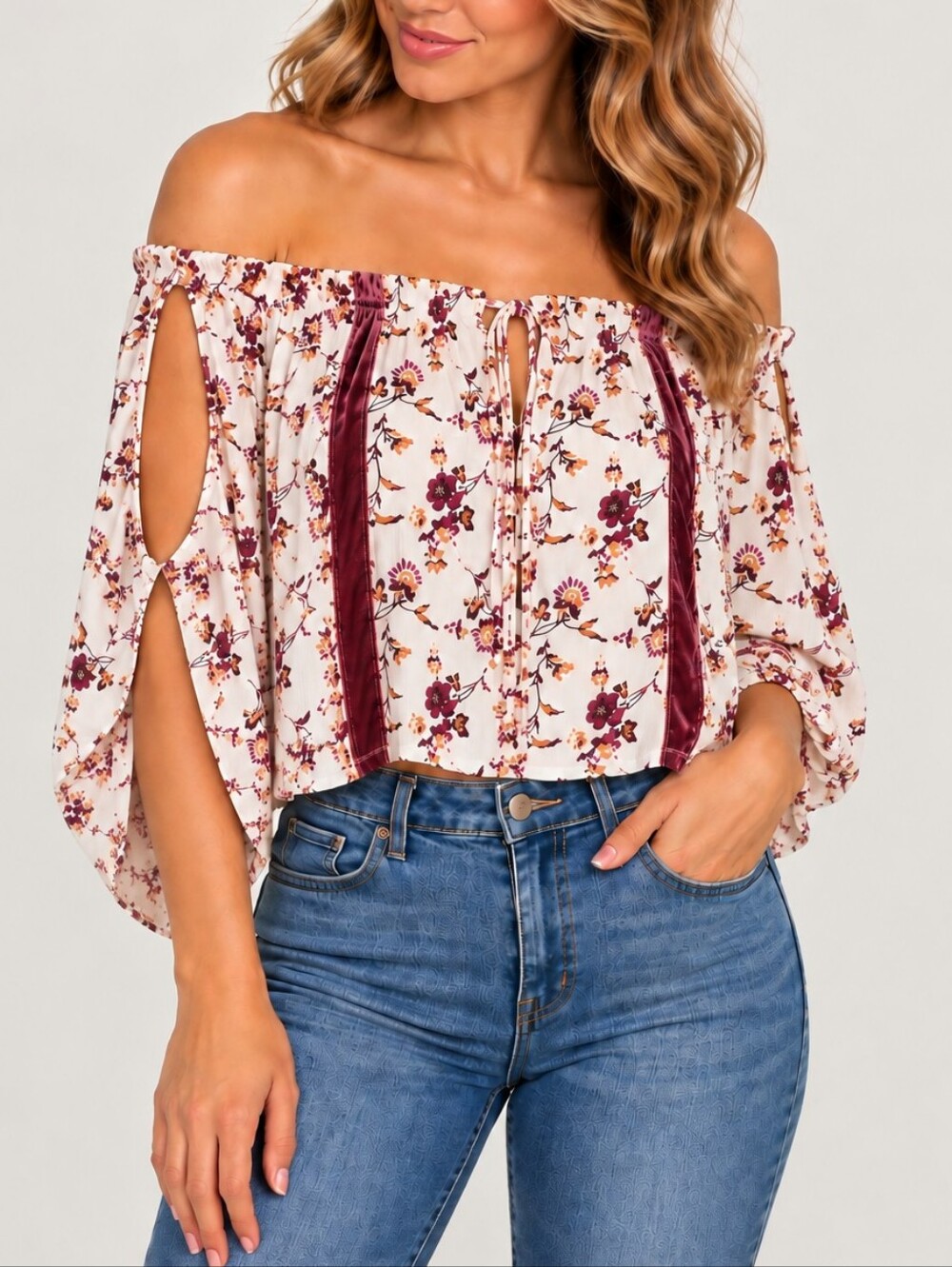 TRUE CRAFT Women’s Floral Off Shoulder Cropped Peasant Top Size M